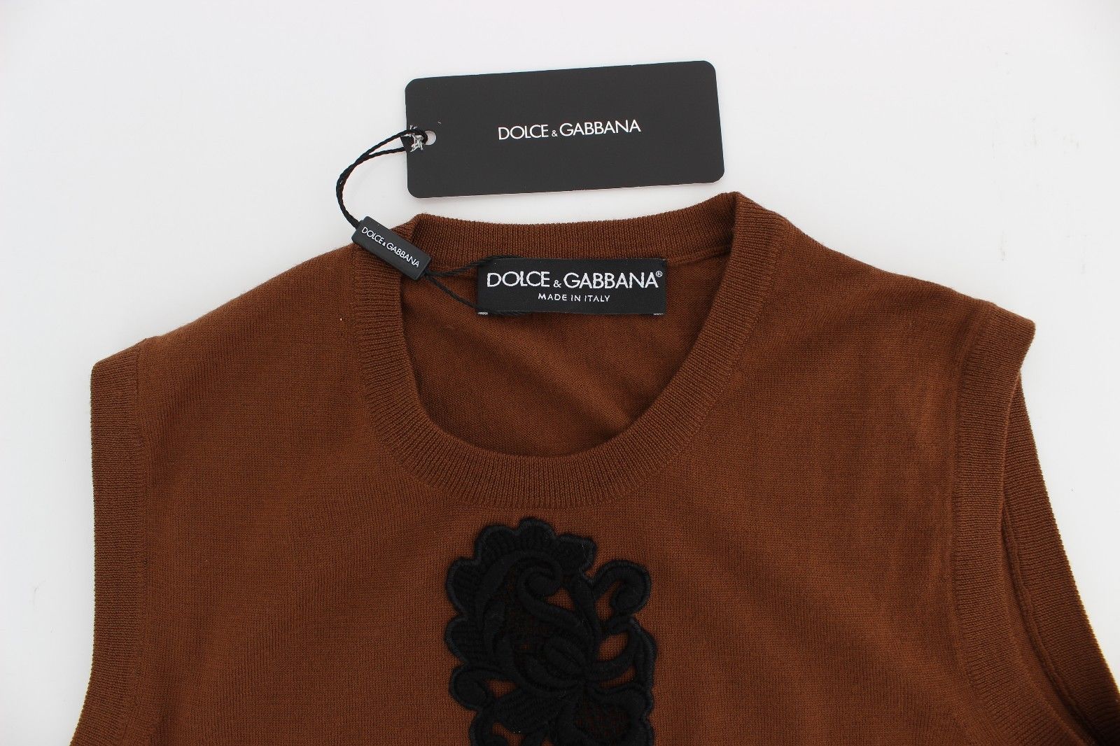 Dolce & Gabbana Brown Wool Black Lace Vest Sweater Top