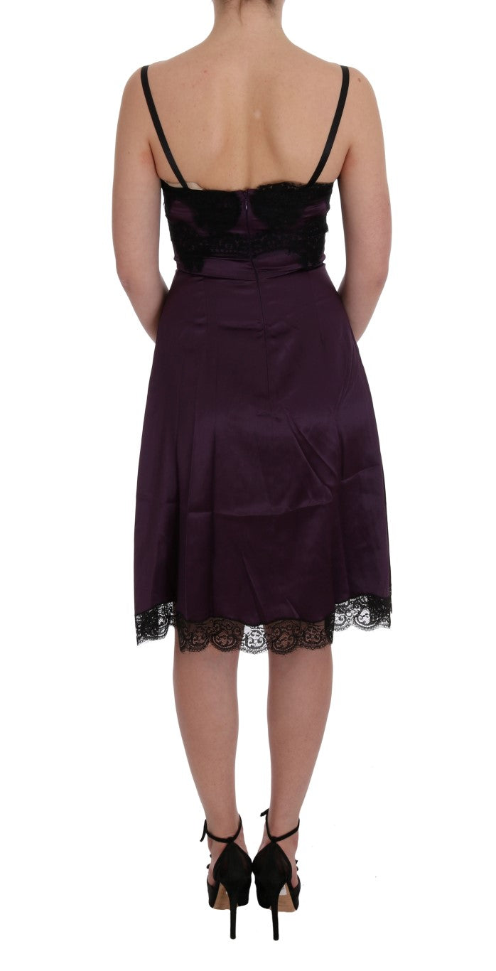 Dolce & Gabbana Purple Silk Stretch Black Lace Dress