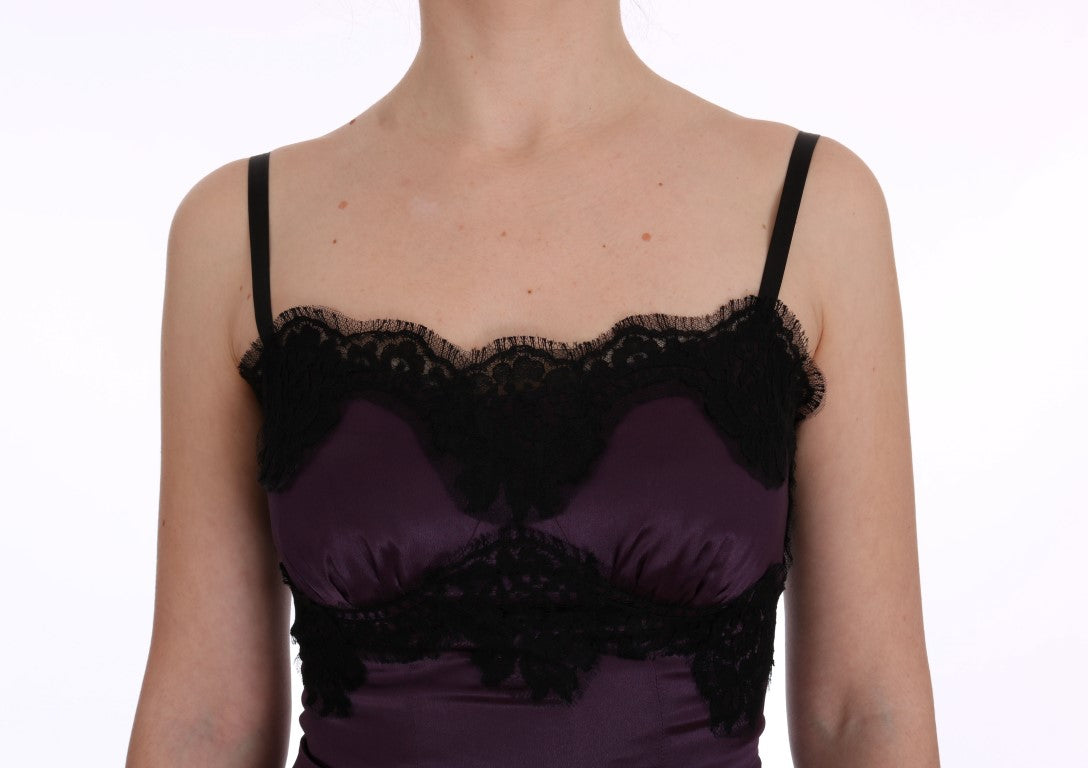 Dolce & Gabbana Purple Silk Stretch Black Lace Dress