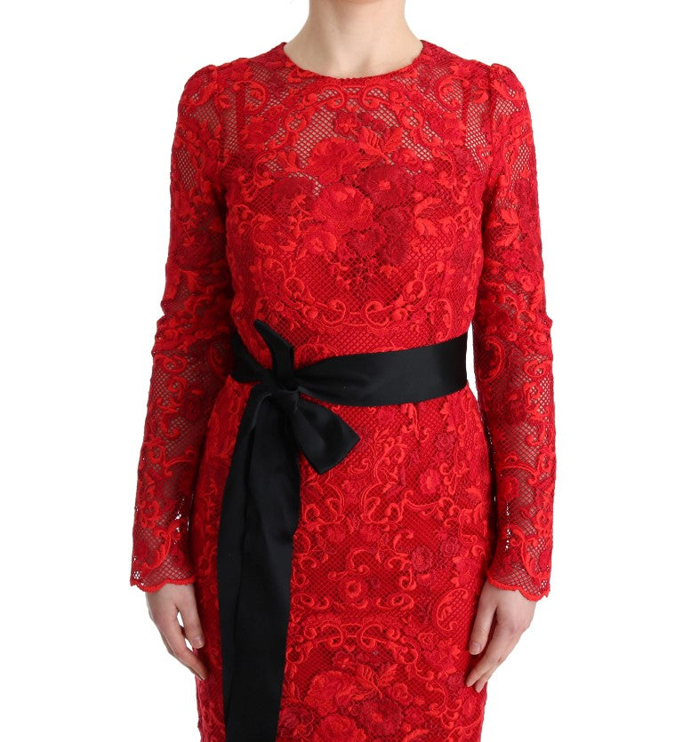 Dolce & Gabbana Red Floral Ricamo Sheath Long Dress