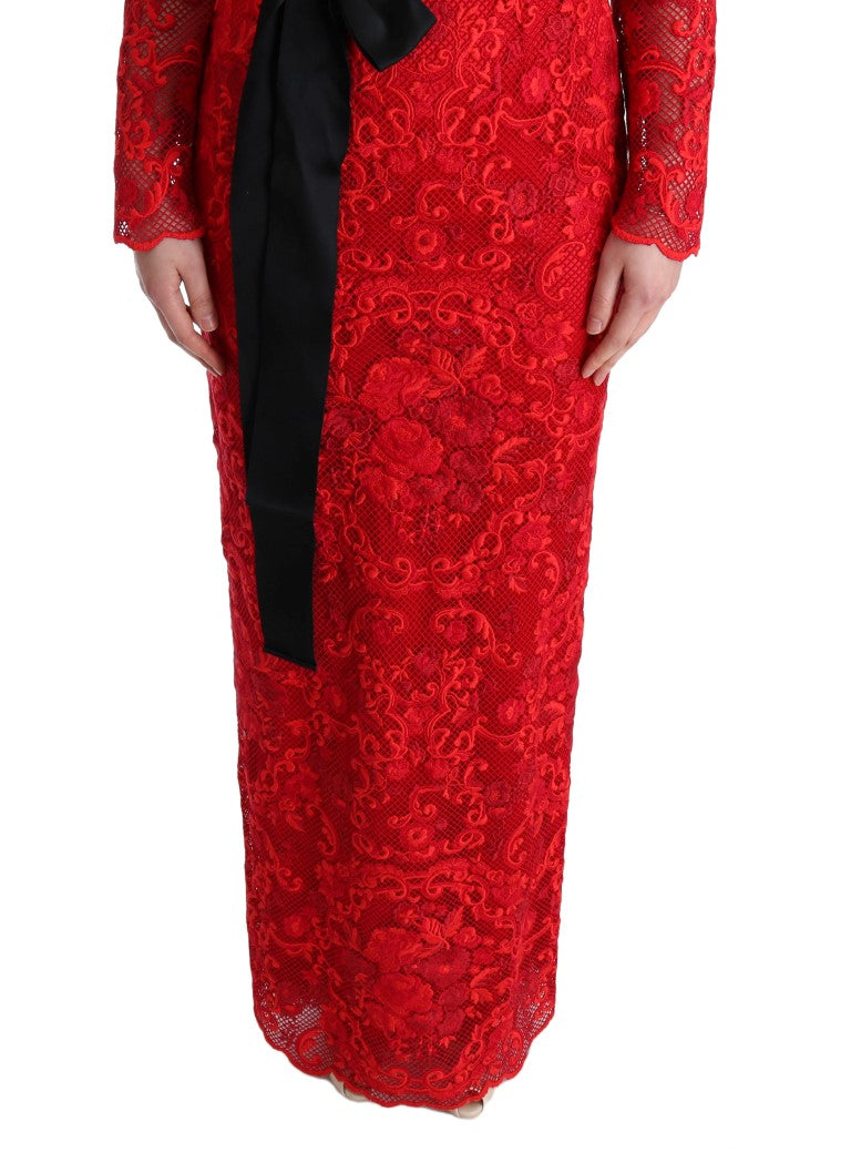 Dolce & Gabbana Red Floral Ricamo Sheath Long Dress