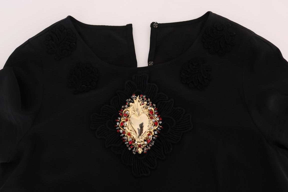 Dolce & Gabbana Black Sacred Heart Lace Top Blouse