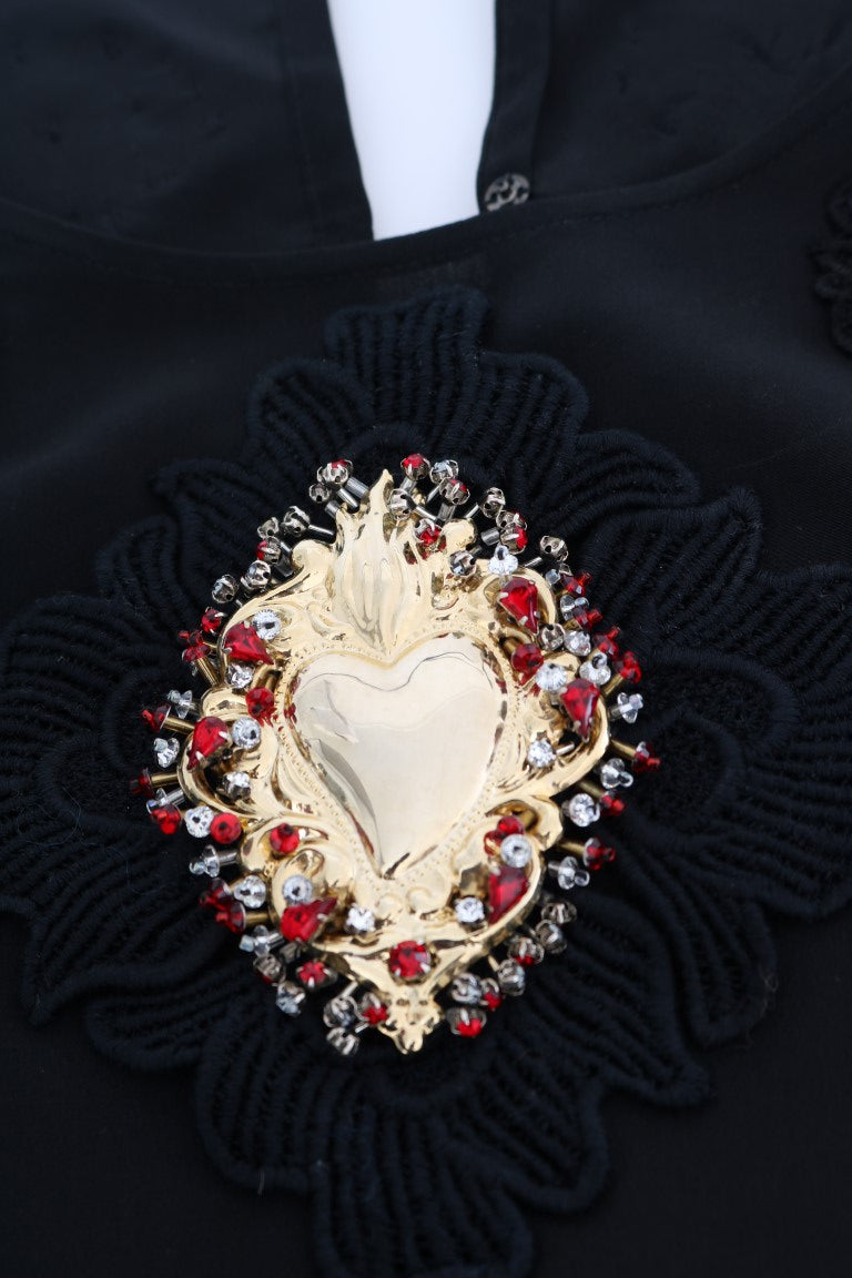 Dolce & Gabbana Black Sacred Heart Lace Top Blouse