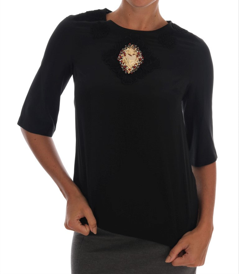 Dolce & Gabbana Black Sacred Heart Lace Top Blouse