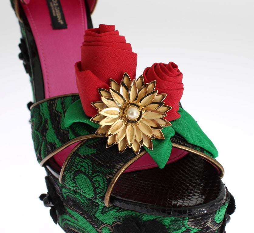 Dolce & Gabbana Green Brocade Snakeskin Roses Crystal Shoes