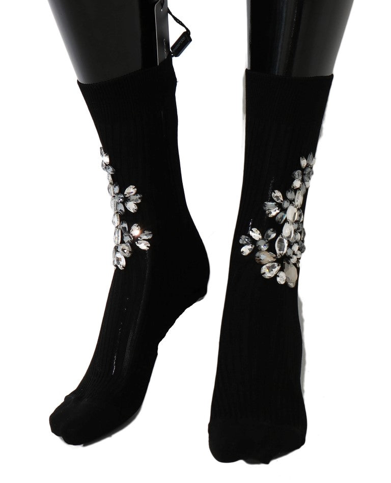 Dolce & Gabbana Black Knitted Floral Clear Crystal Socks