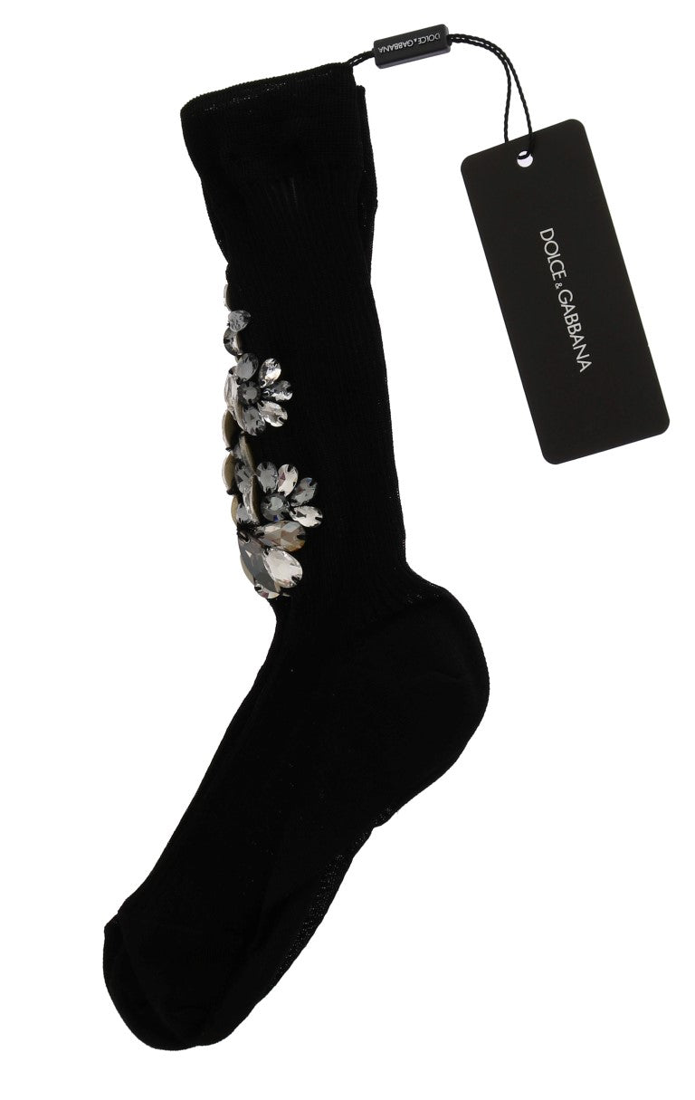 Dolce & Gabbana Black Knitted Floral Clear Crystal Socks