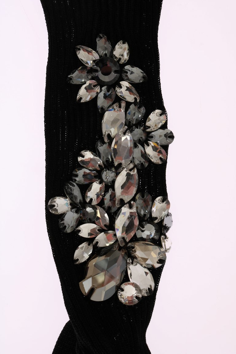 Dolce & Gabbana Black Knitted Floral Clear Crystal Socks