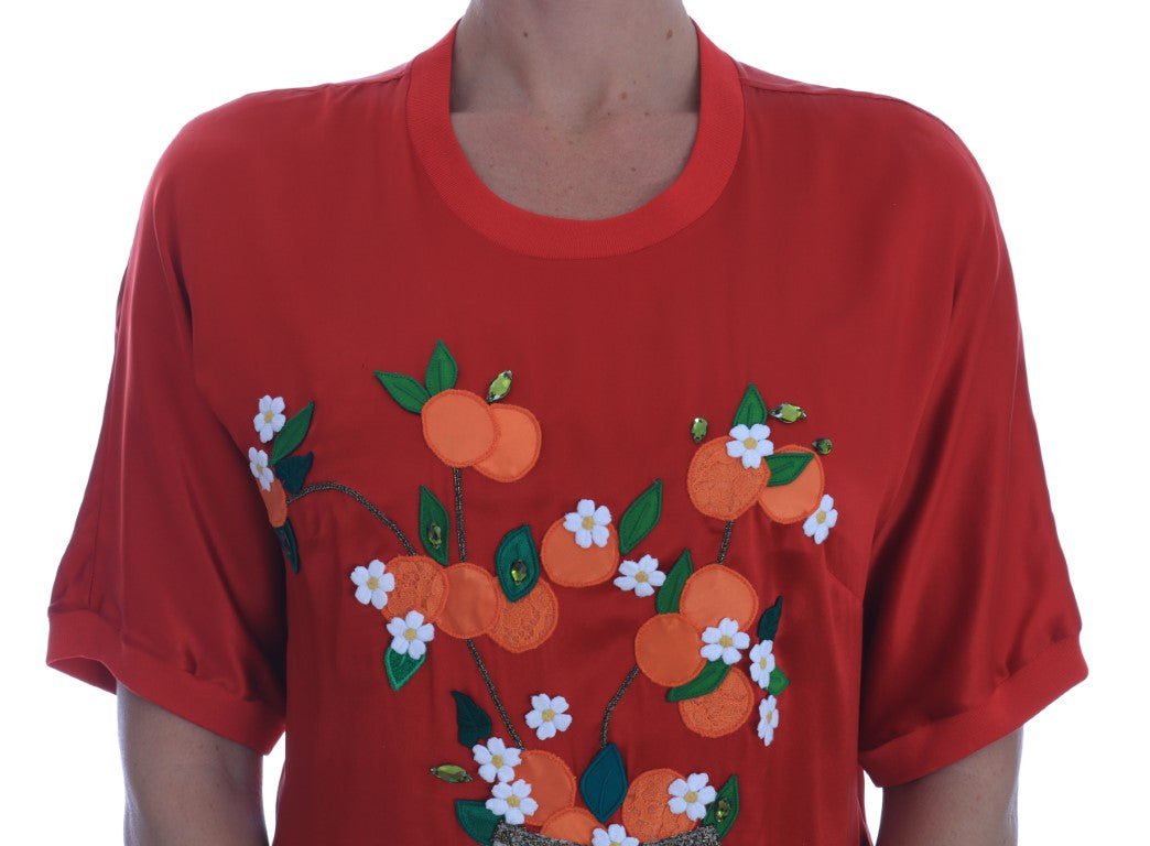 Dolce & Gabbana Red Silk Oranges Floral Crystal Blouse