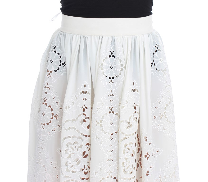 Dolce & Gabbana White Silk Floral Ricamo Knee Skirt