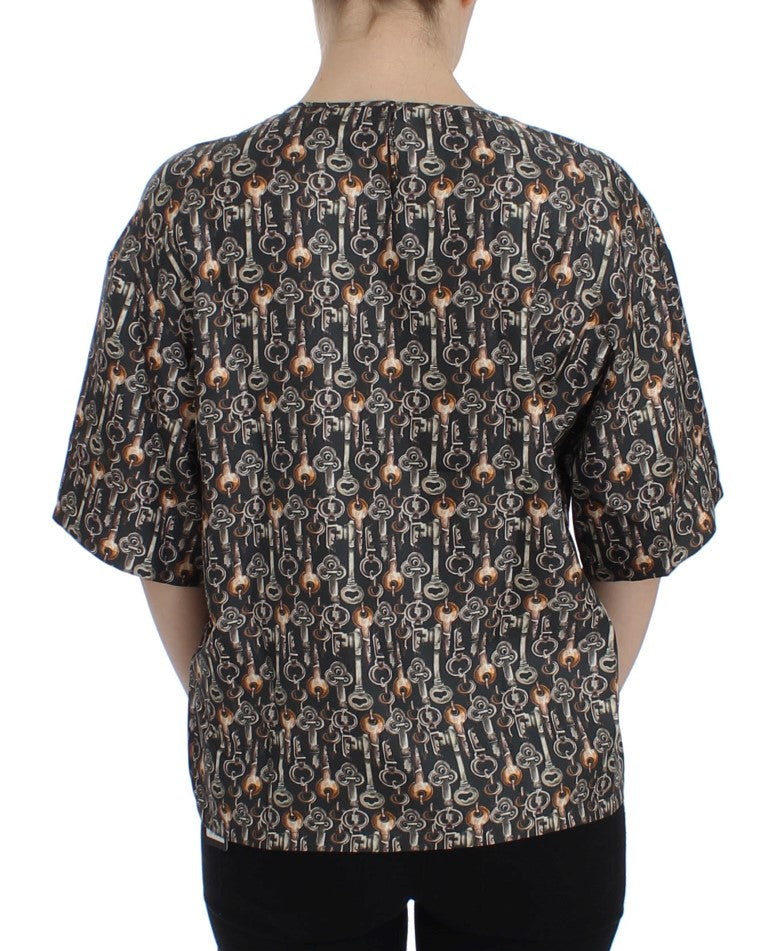 Dolce & Gabbana Gray Gold Key Print Silk Blouse T-shirt