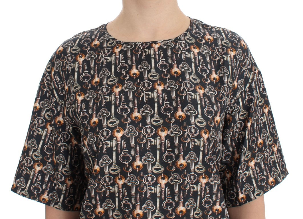 Dolce & Gabbana Gray Gold Key Print Silk Blouse T-shirt