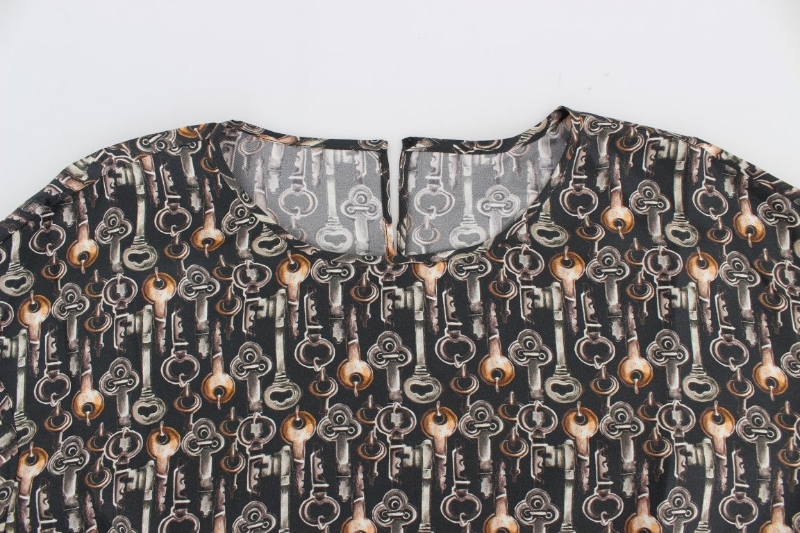 Dolce & Gabbana Gray Gold Key Print Silk Blouse T-shirt