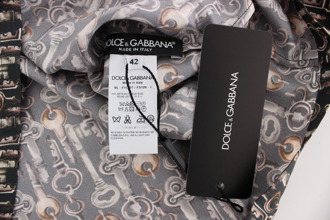 Dolce & Gabbana Gray Gold Key Print Silk Blouse T-shirt