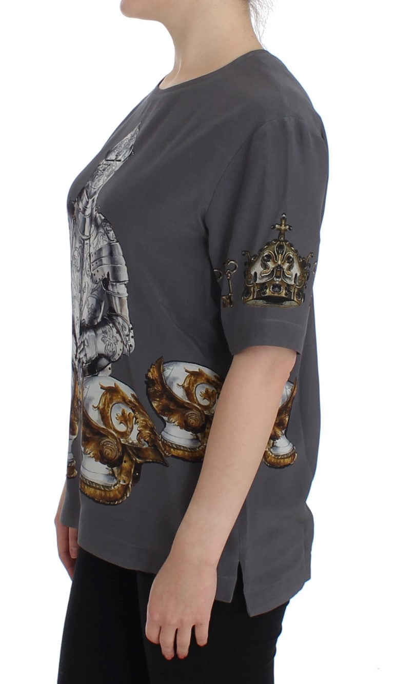 Dolce & Gabbana Gray Knight Crown Print Silk Blouse Top