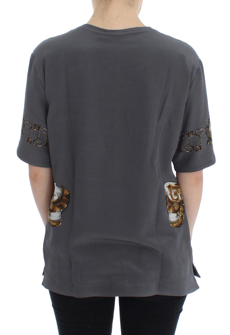 Dolce & Gabbana Gray Knight Crown Print Silk Blouse Top