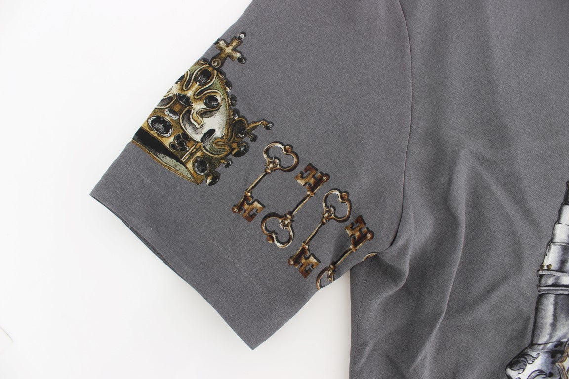 Dolce & Gabbana Gray Knight Crown Print Silk Blouse Top