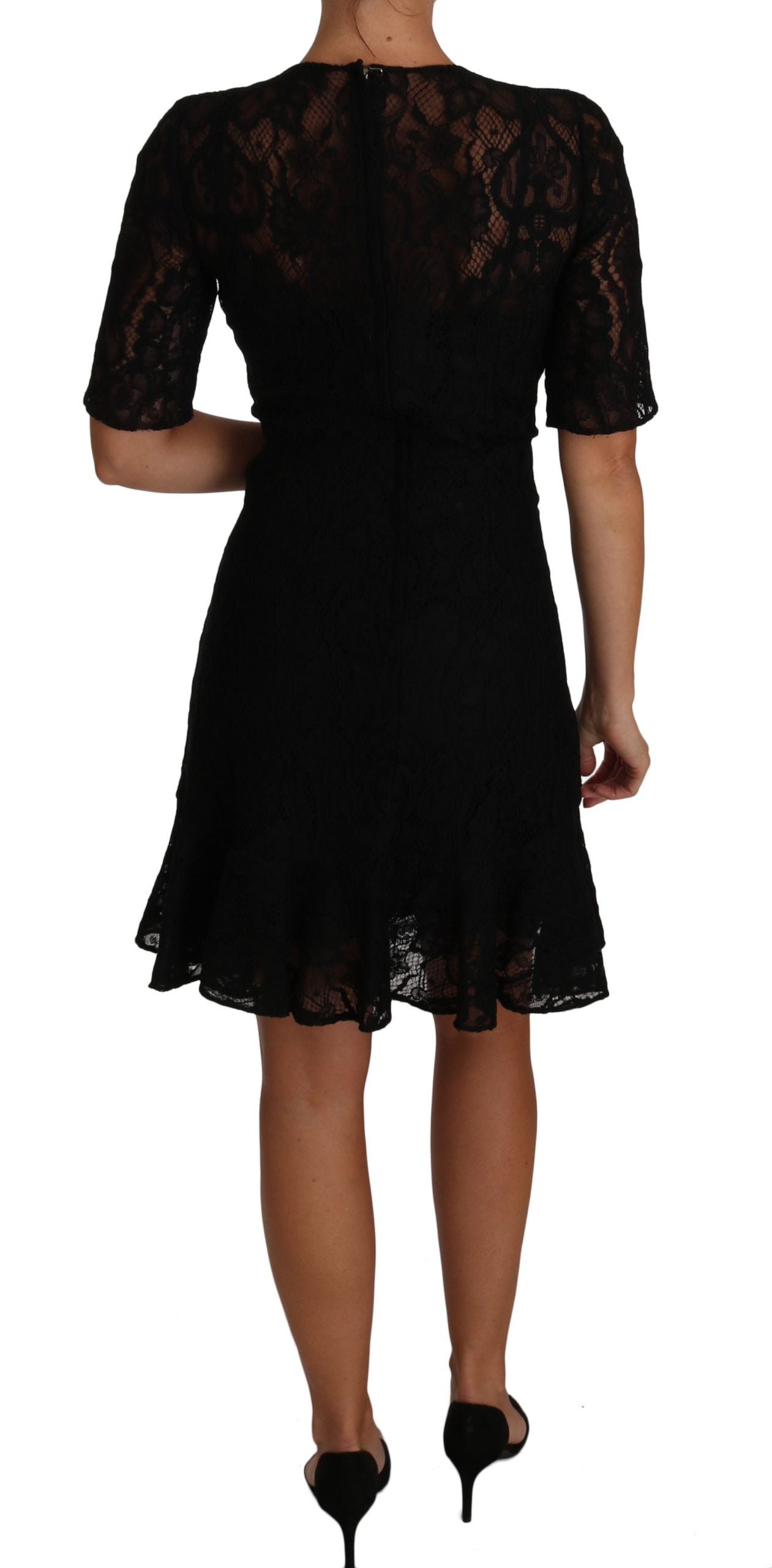 Dolce & Gabbana Black Floral Lace Sheath Short Sleeves Dress