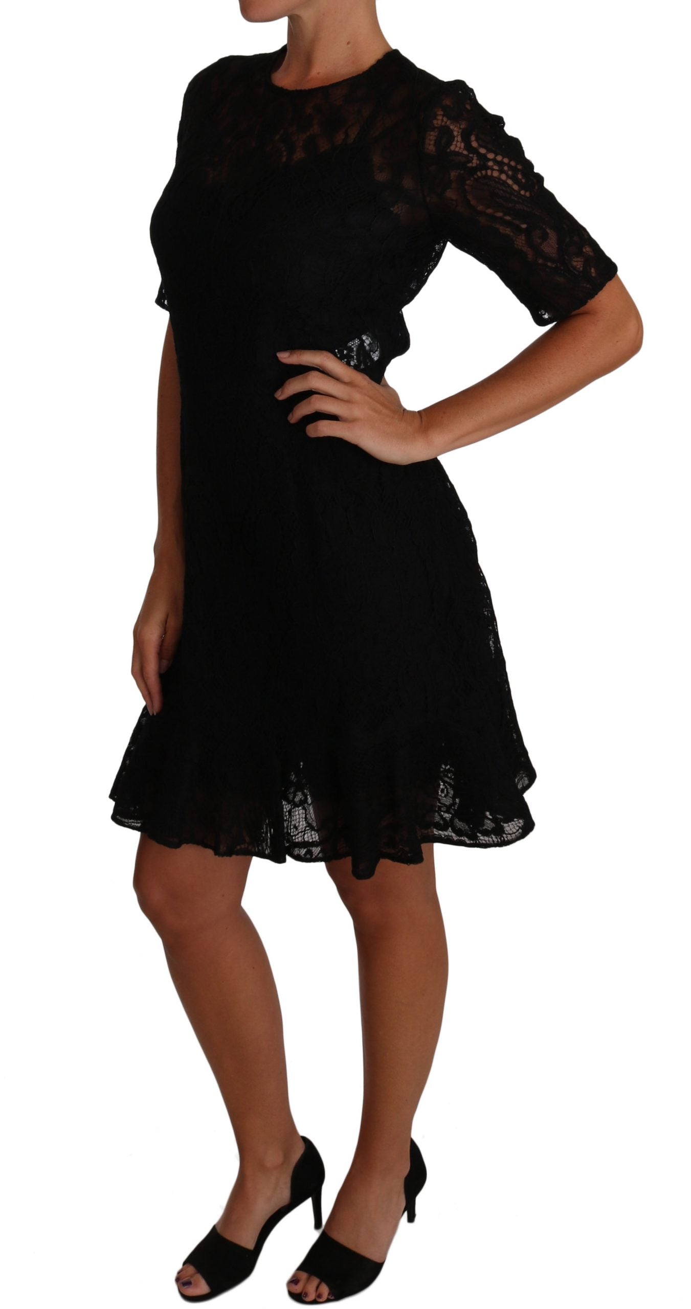 Dolce & Gabbana Black Floral Lace Sheath Short Sleeves Dress