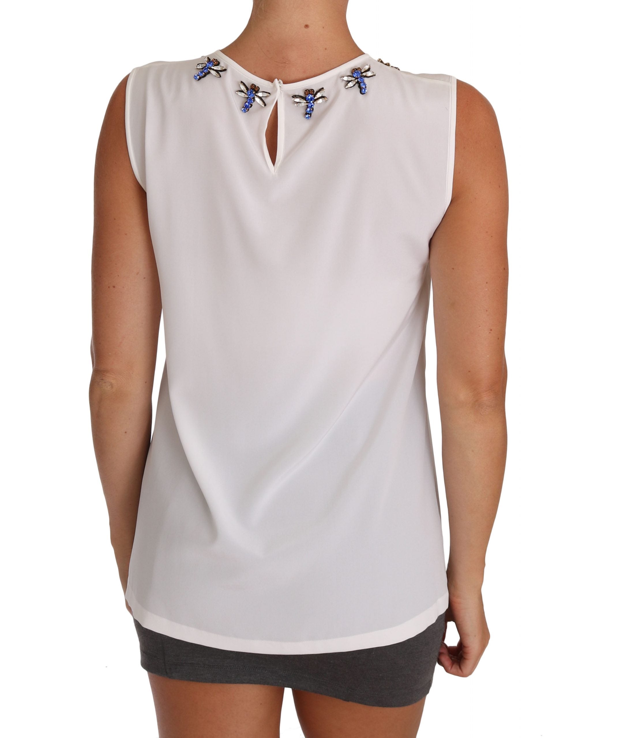 Dolce & Gabbana White Silk Crystal Embellished Fly T-shirt