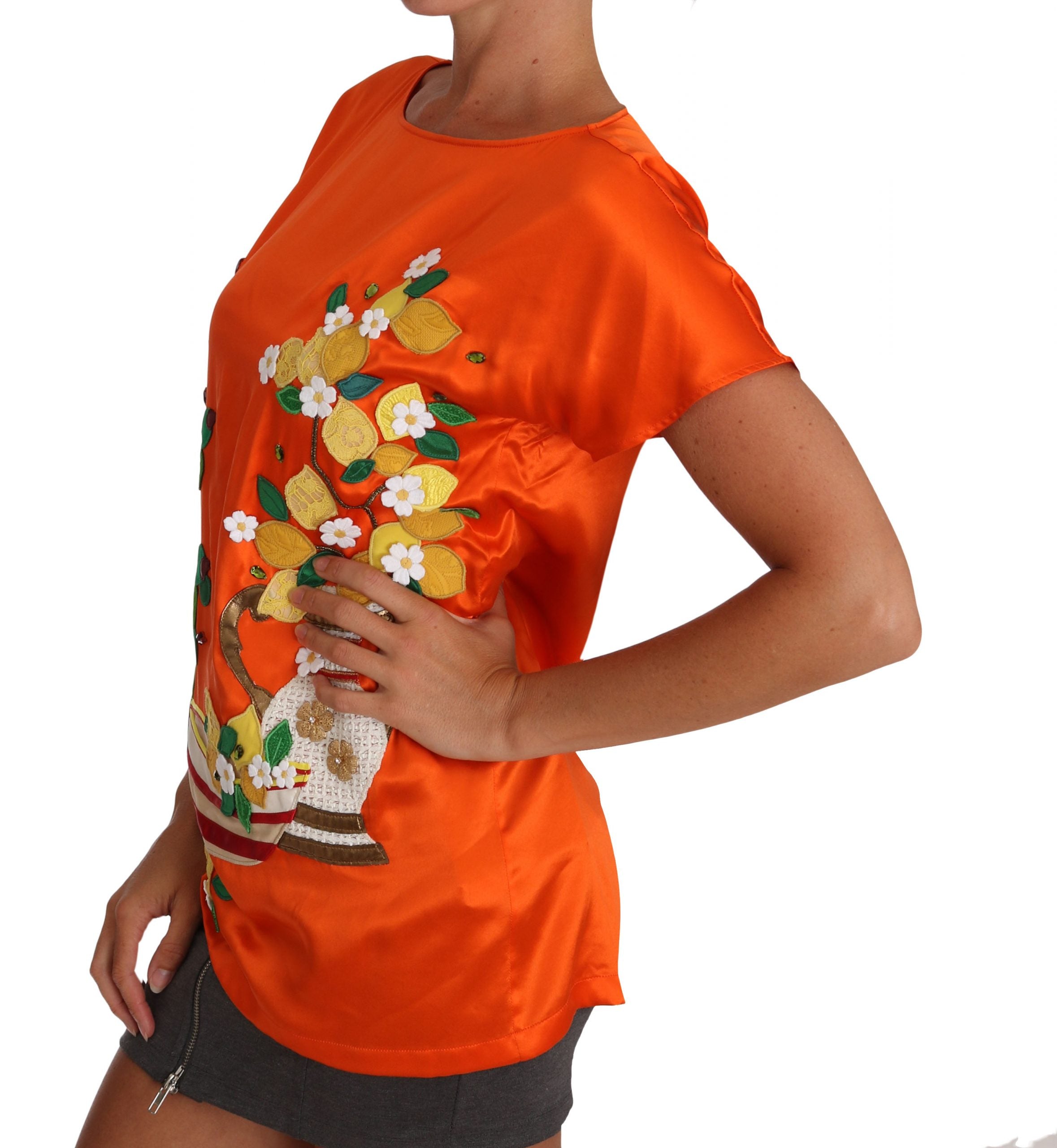 Dolce & Gabbana Silk Orange Lemon Crystal T-shirt Top