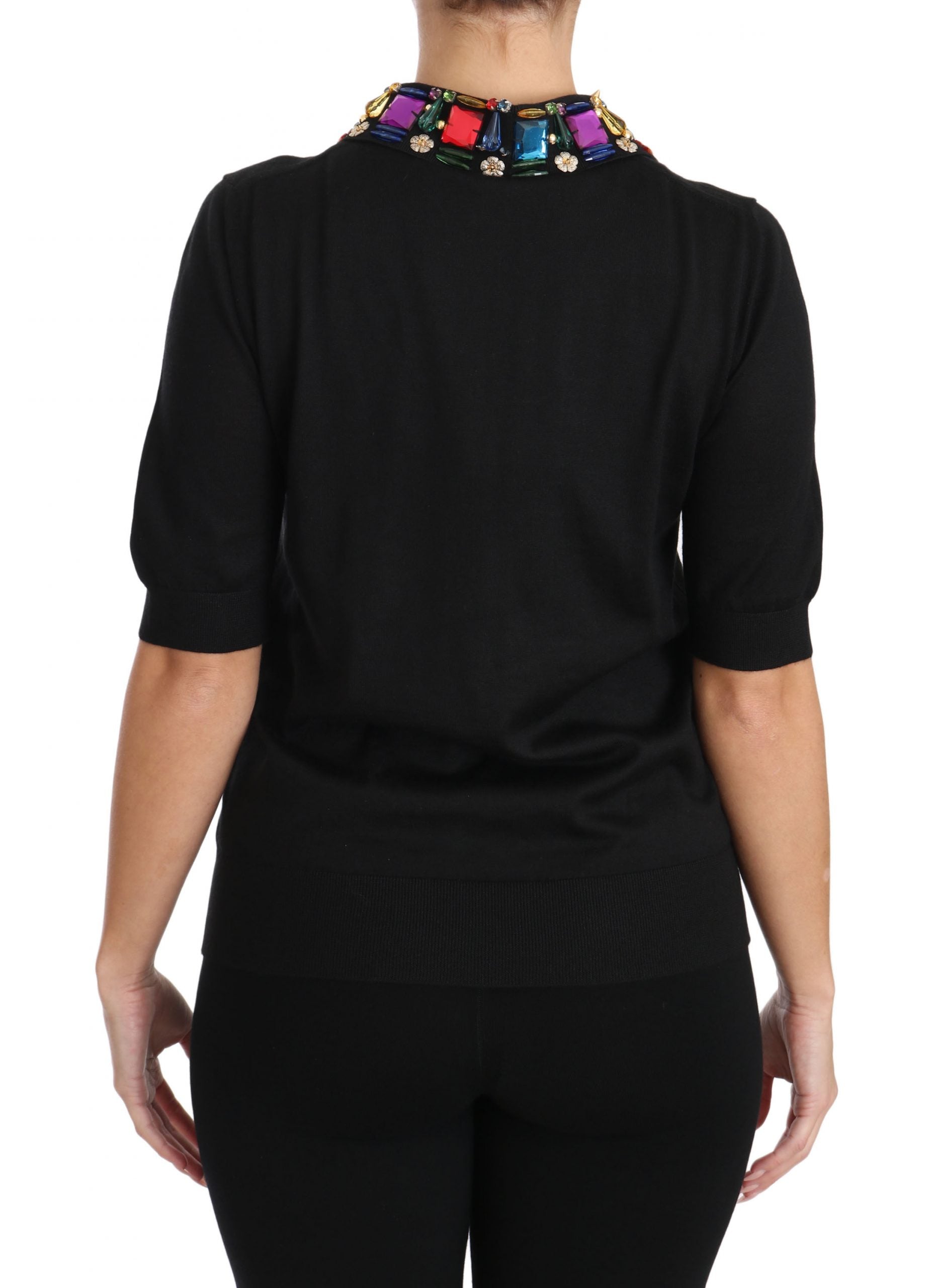 Dolce & Gabbana Black Cashmere Crystal Collar Top T-Shirt