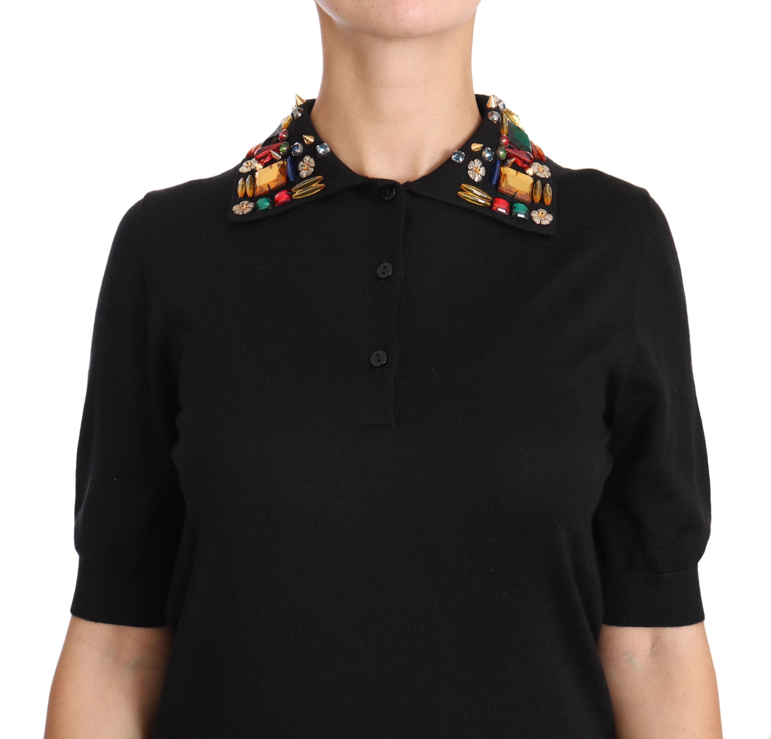 Dolce & Gabbana Black Cashmere Crystal Collar Top T-Shirt