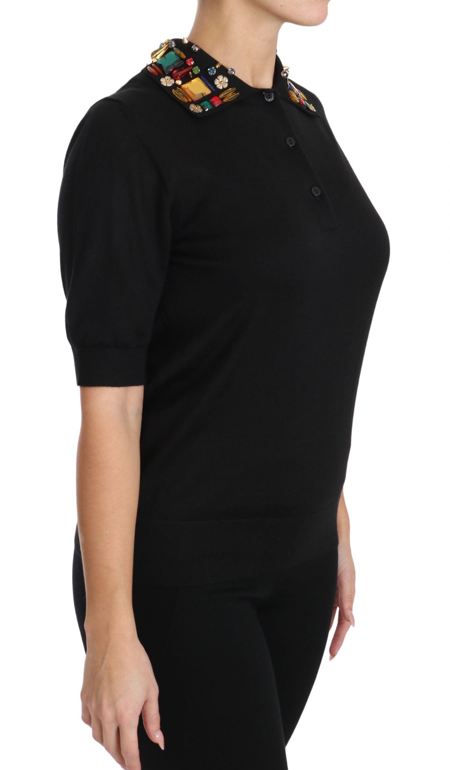 Dolce & Gabbana Black Cashmere Crystal Collar Top T-Shirt