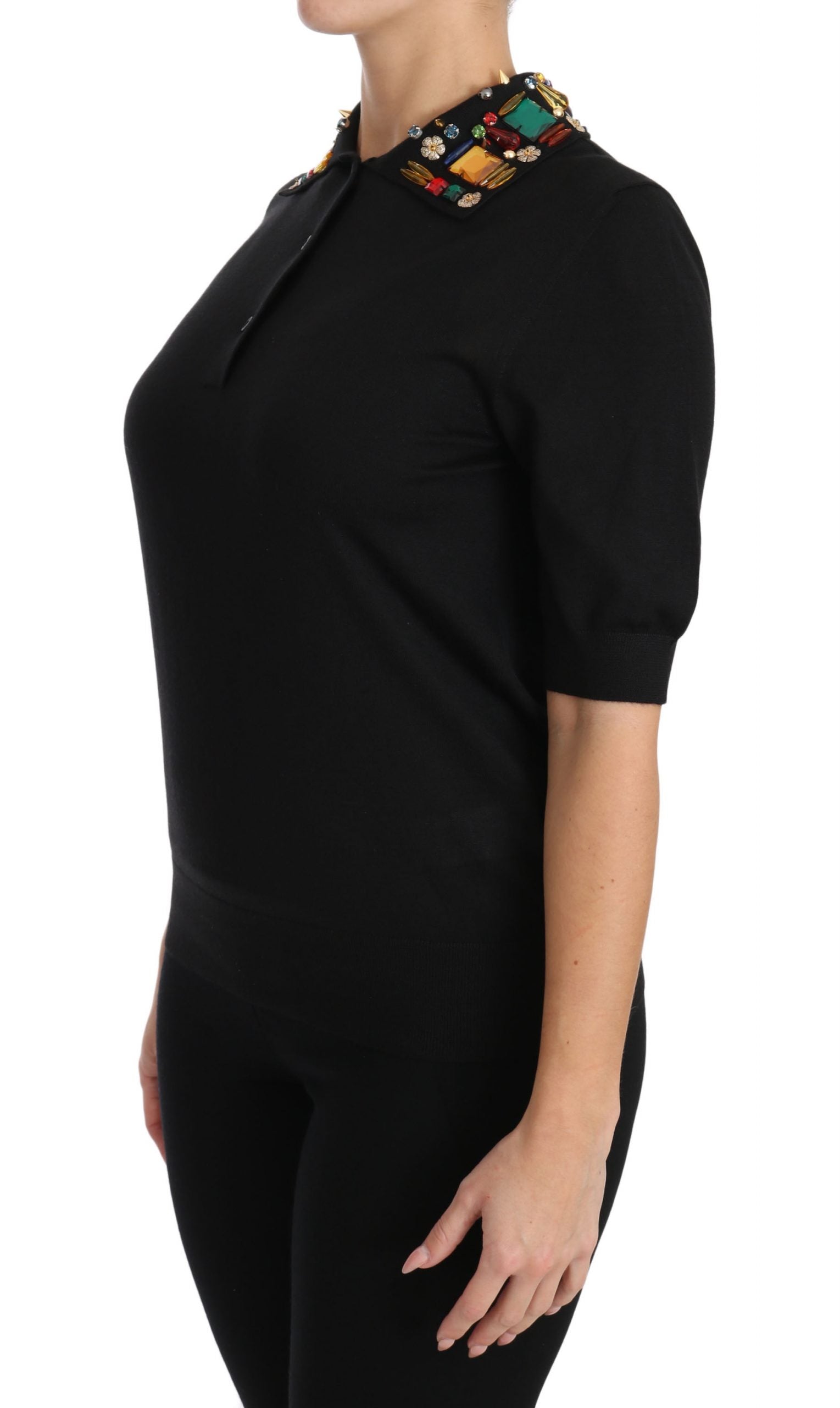 Dolce & Gabbana Black Cashmere Crystal Collar Top T-Shirt