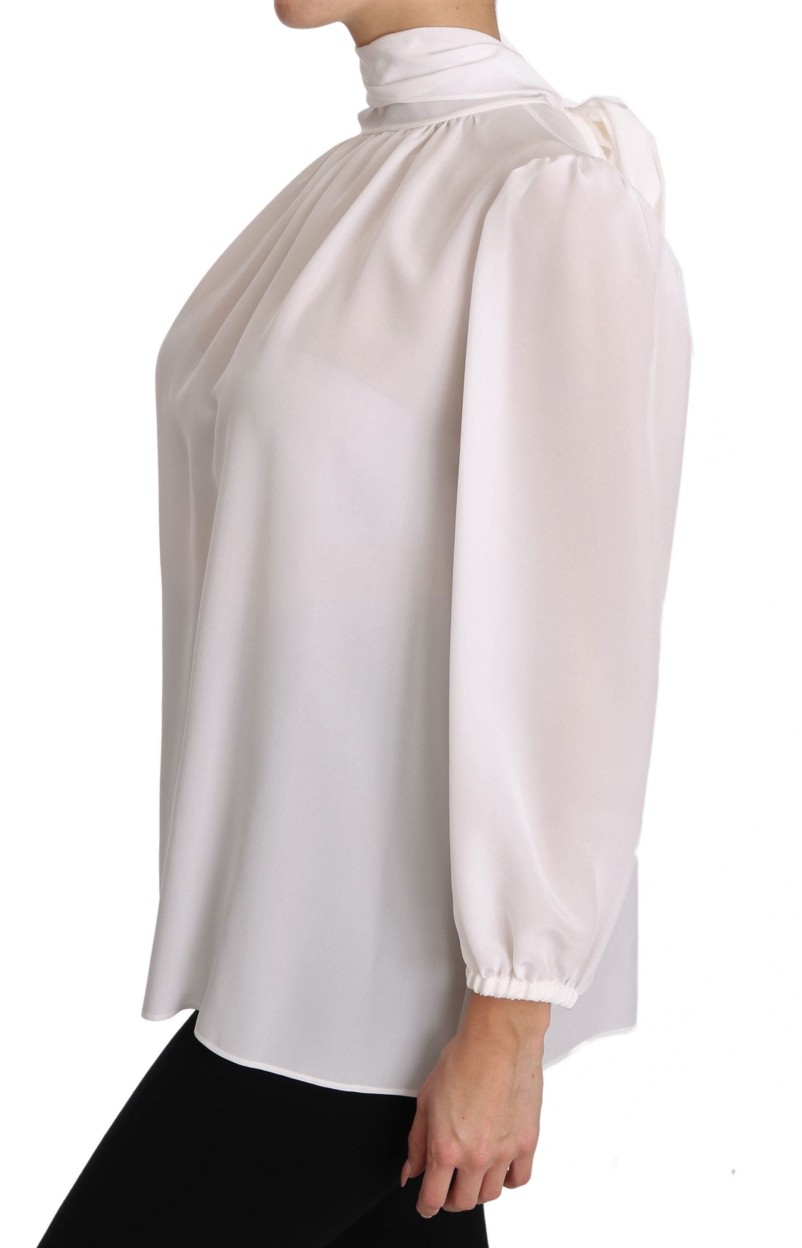 Dolce & Gabbana White Silk Blouse Pussybow Solid  Longsleeve Top