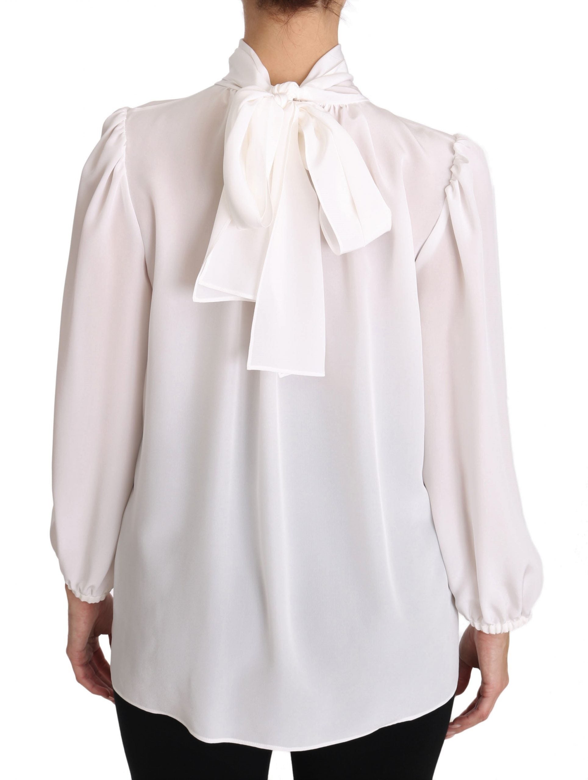 Dolce & Gabbana White Silk Blouse Pussybow Solid  Longsleeve Top