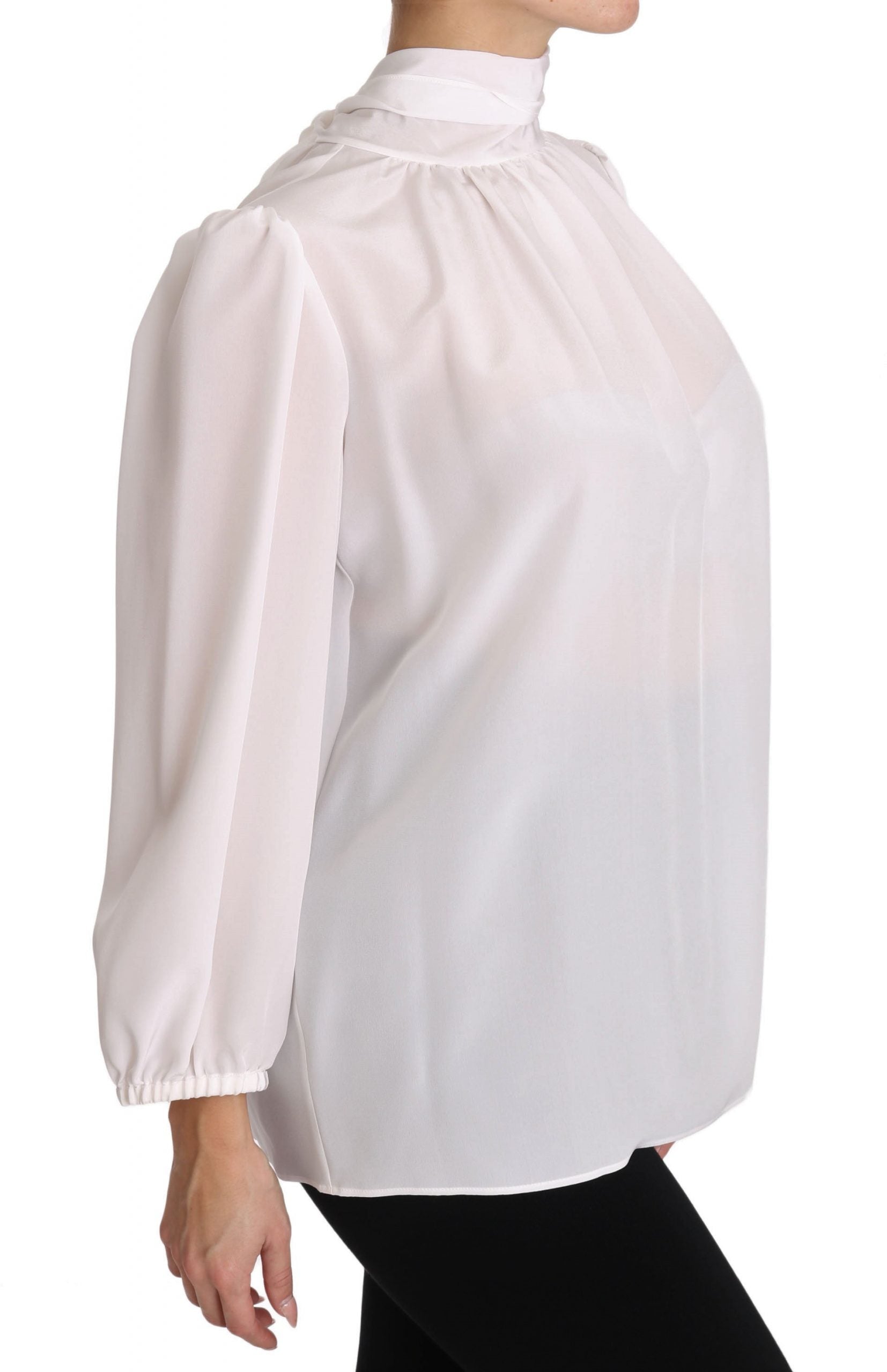 Dolce & Gabbana White Silk Blouse Pussybow Solid  Longsleeve Top