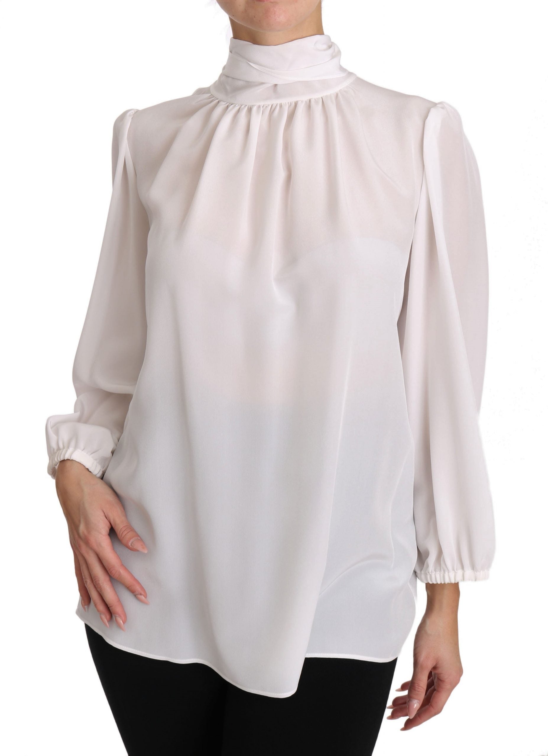 Dolce & Gabbana White Silk Blouse Pussybow Solid  Longsleeve Top