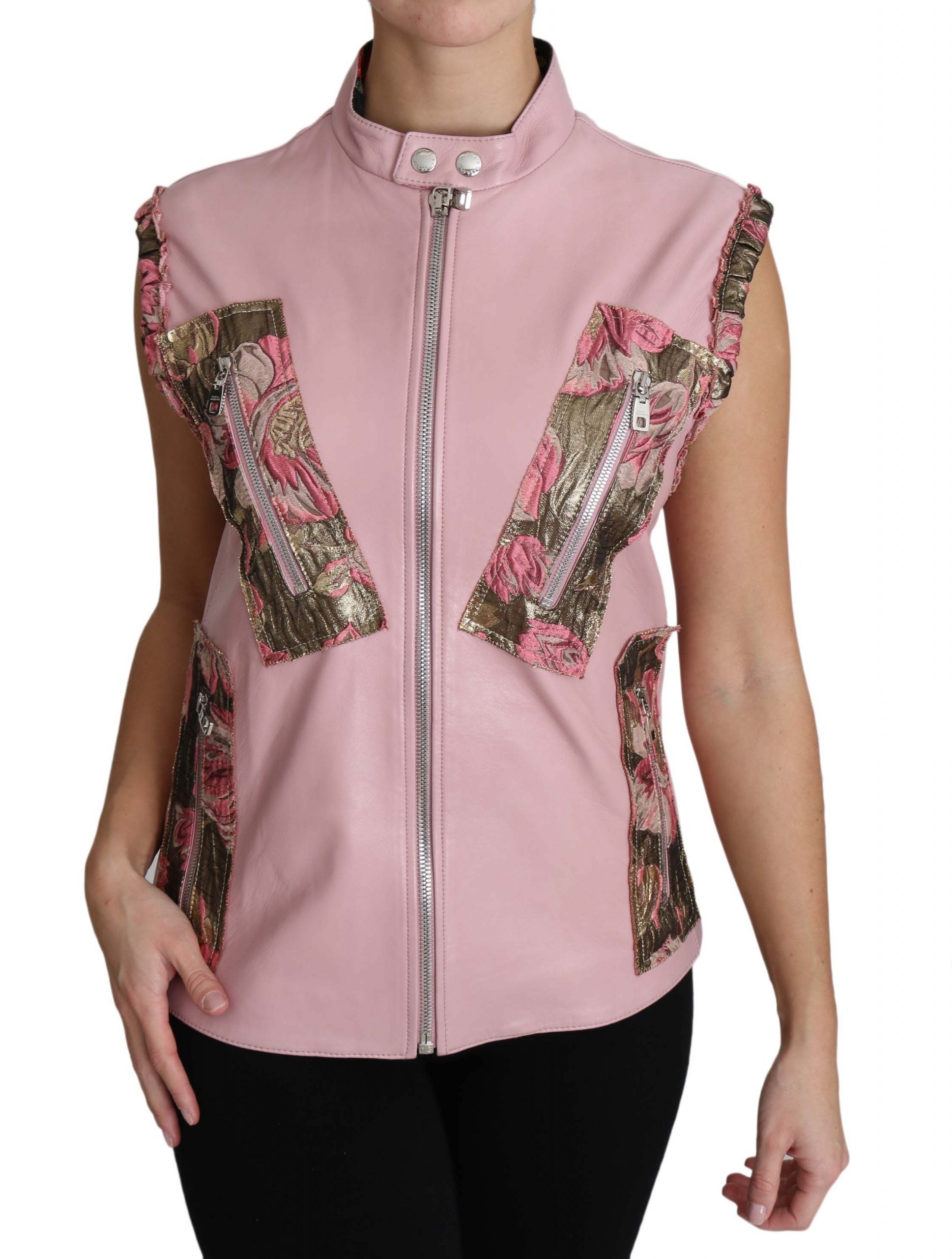 Dolce & Gabbana Pink Zippered Lamb Sleeveless Vest Leather Jacket