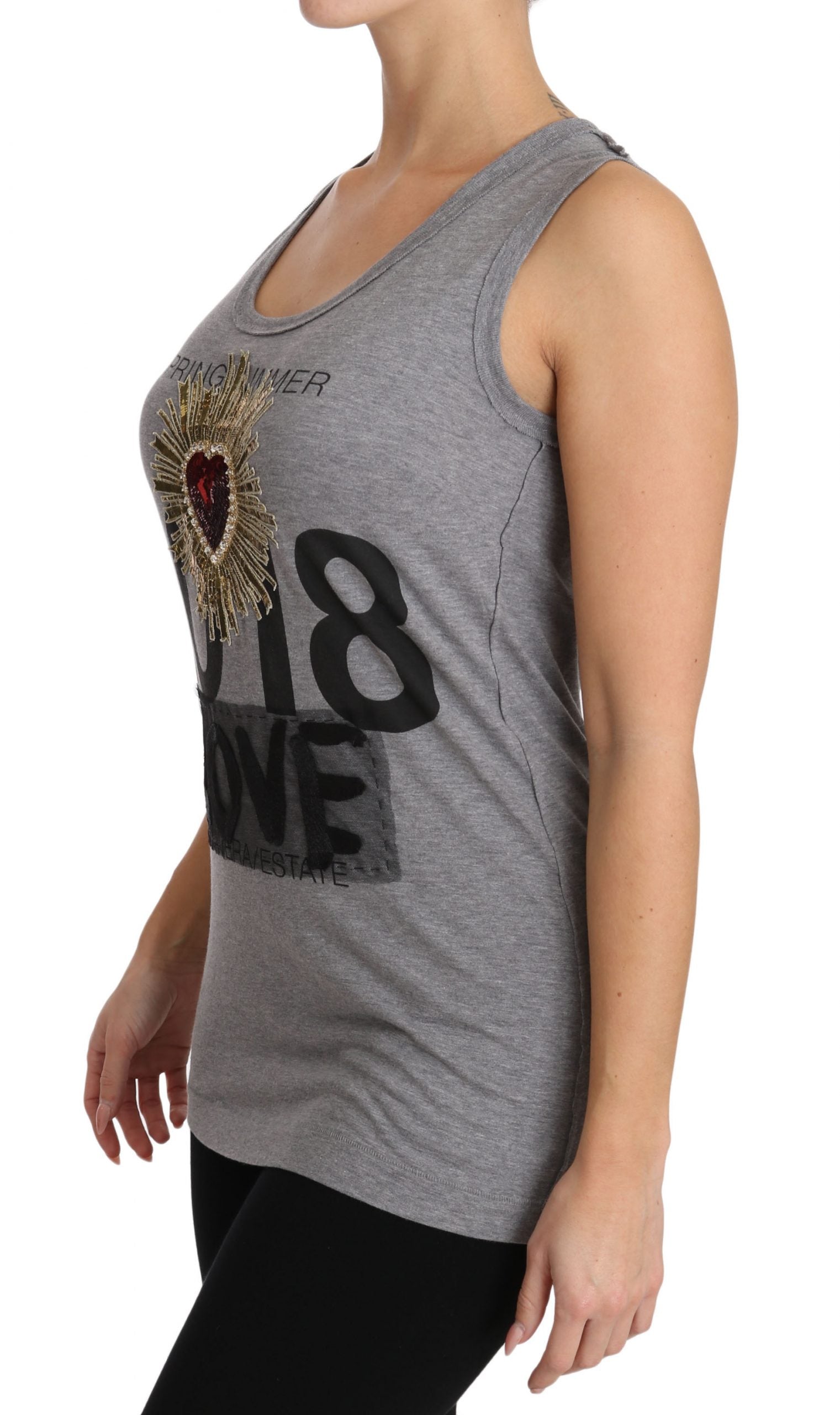 Dolce & Gabbana Gray Tank Top Crystal Sequined Heart  T-shirt