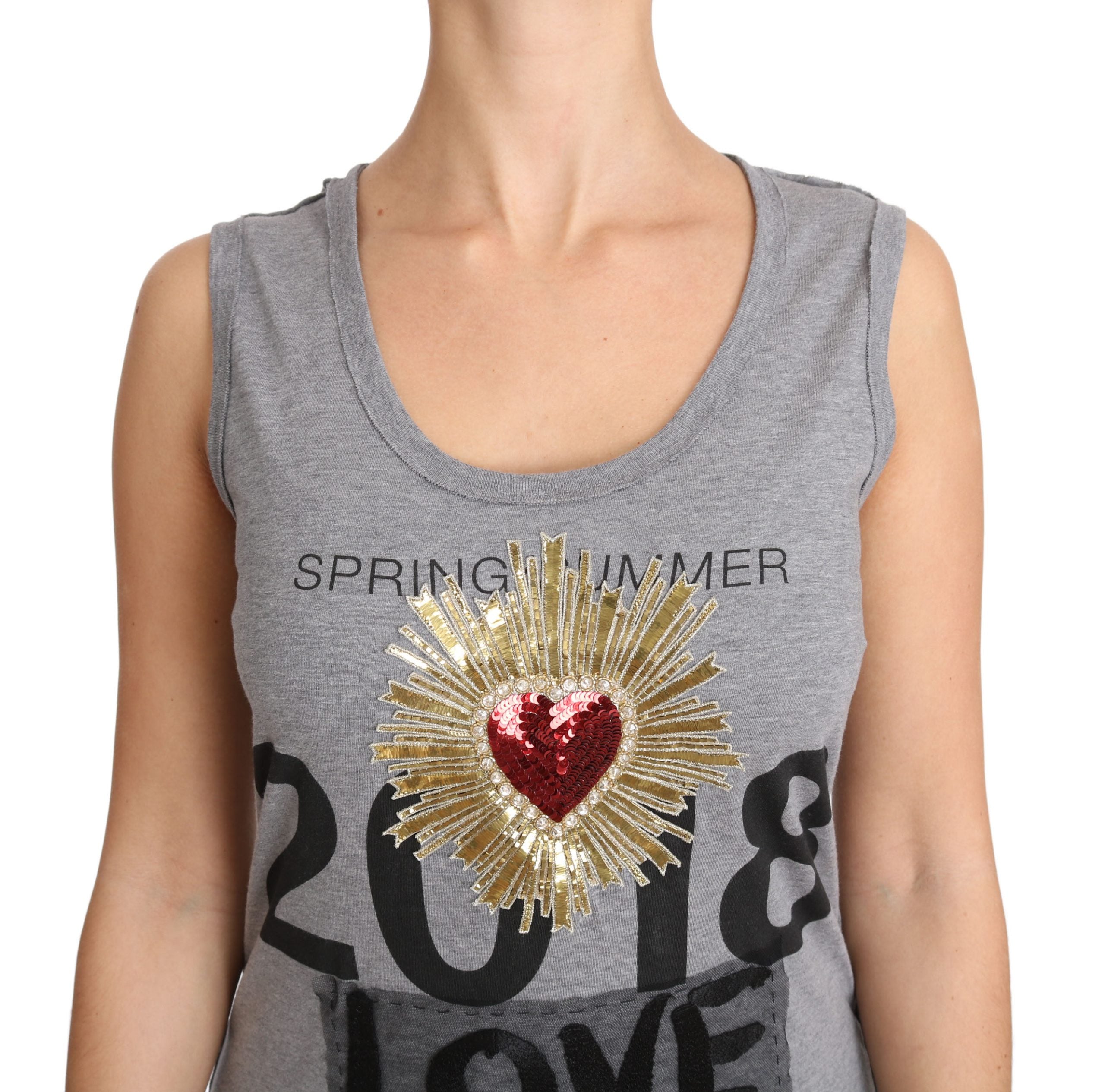 Dolce & Gabbana Gray Tank Top Crystal Sequined Heart  T-shirt