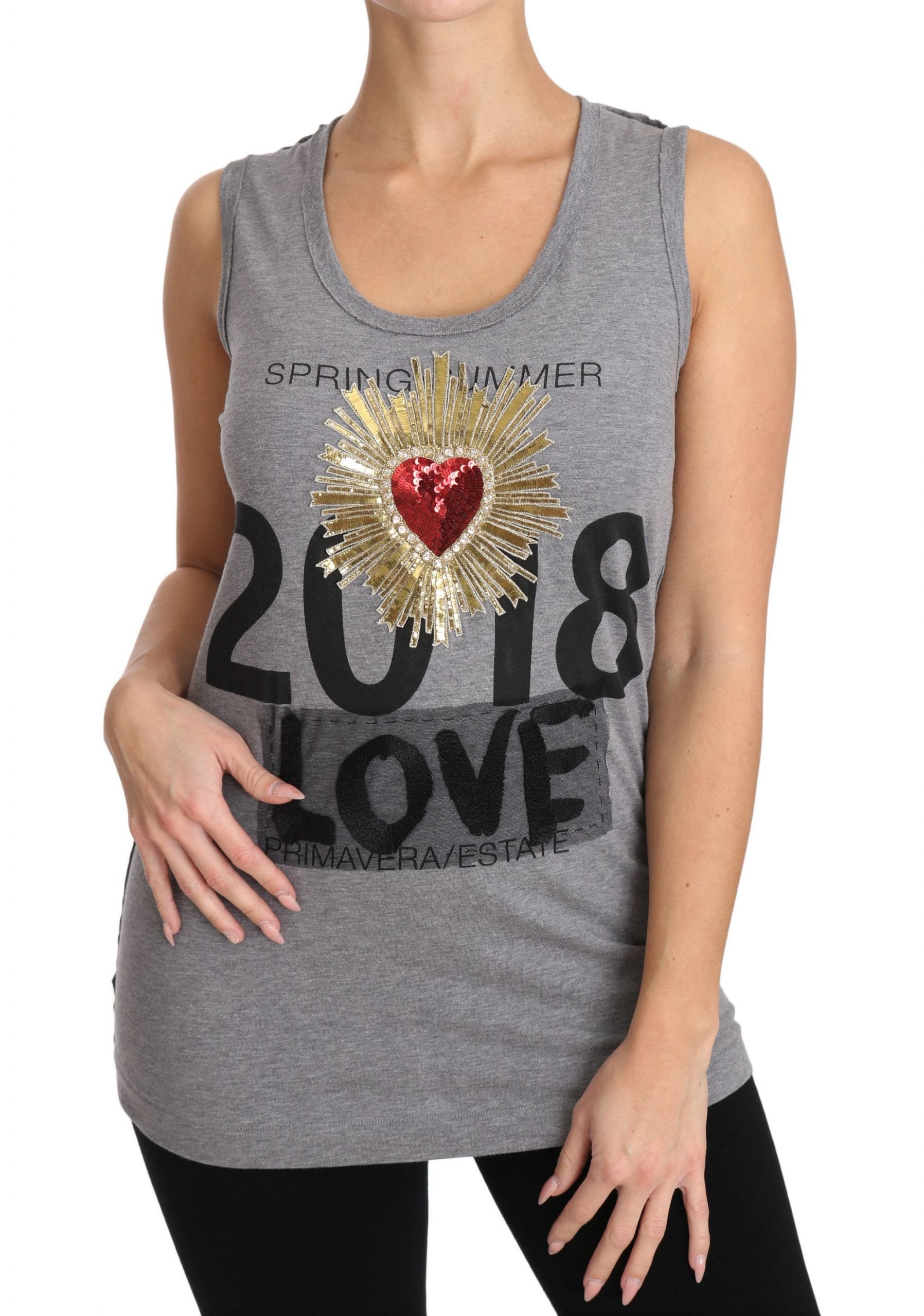 Dolce & Gabbana Gray Tank Top Crystal Sequined Heart  T-shirt