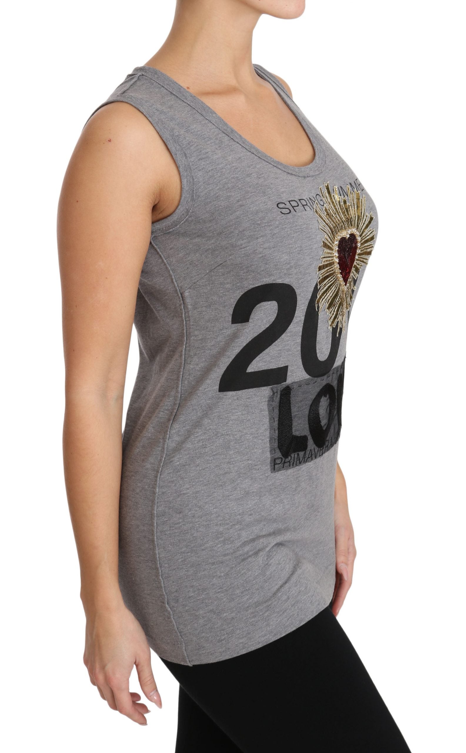 Dolce & Gabbana Gray Tank Top Crystal Sequined Heart  T-shirt