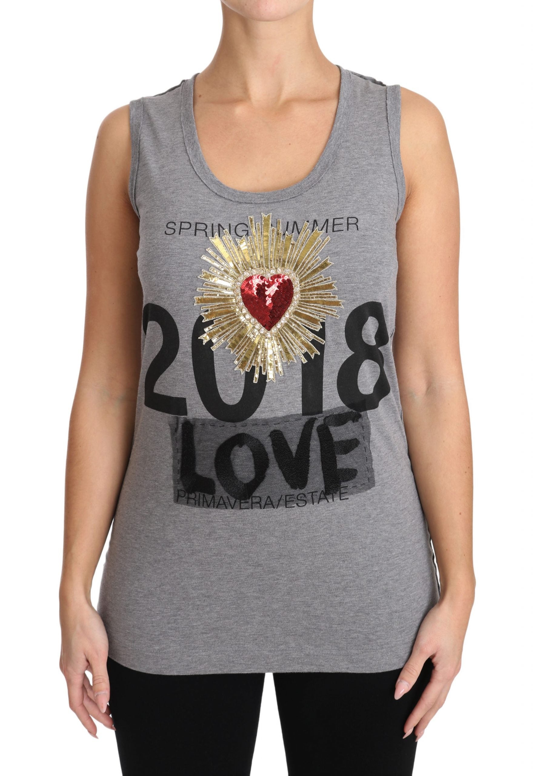 Dolce & Gabbana Gray Tank Top Crystal Sequined Heart  T-shirt