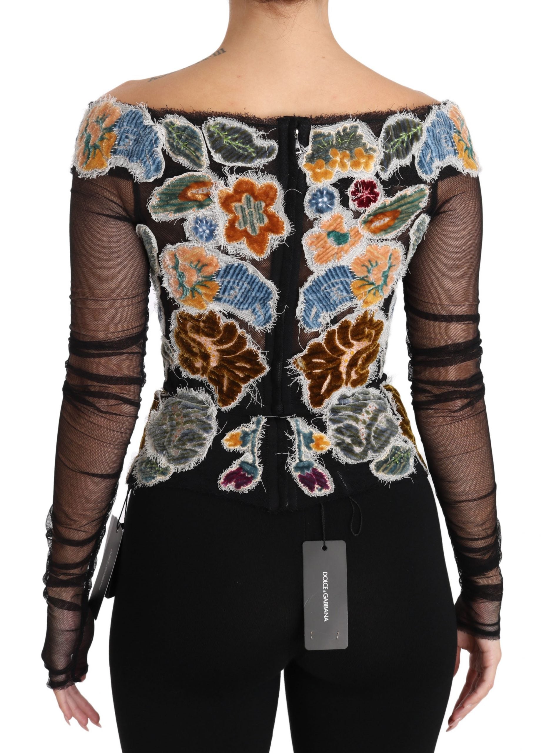 Dolce & Gabbana Black Floral Ricamo Top T-shirt Blouse