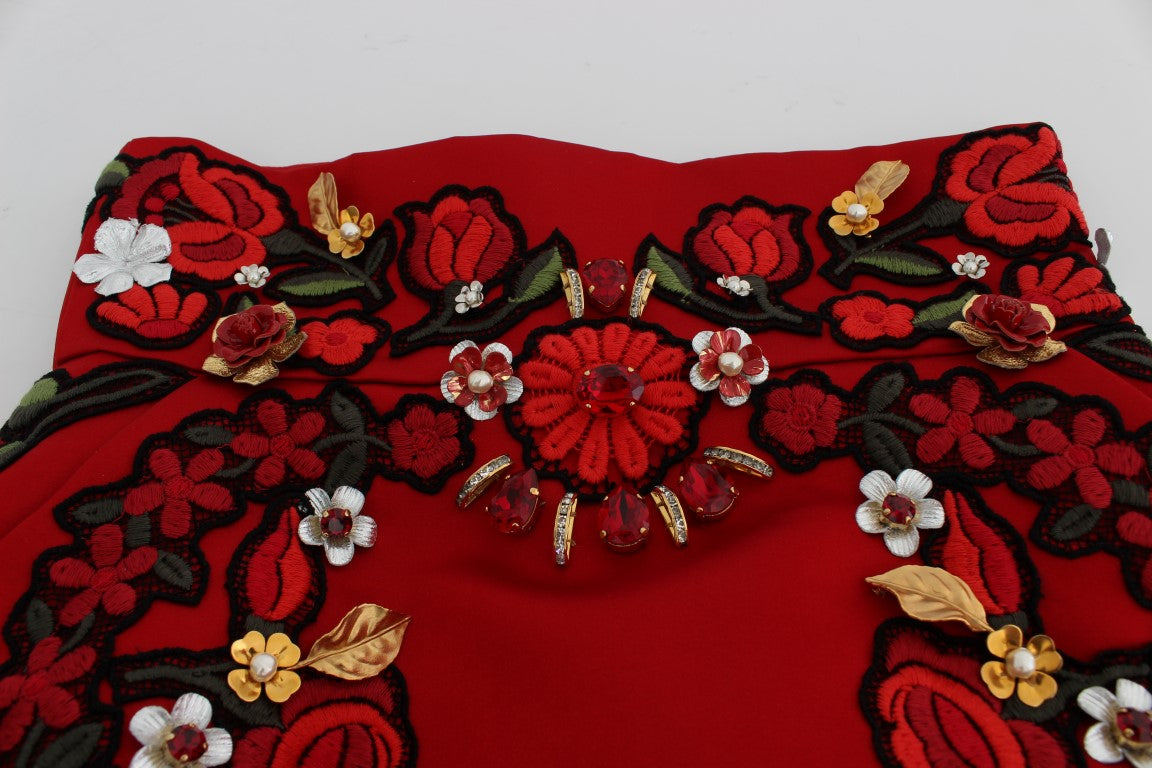 Dolce & Gabbana Red Silk Crystal Roses Shorts