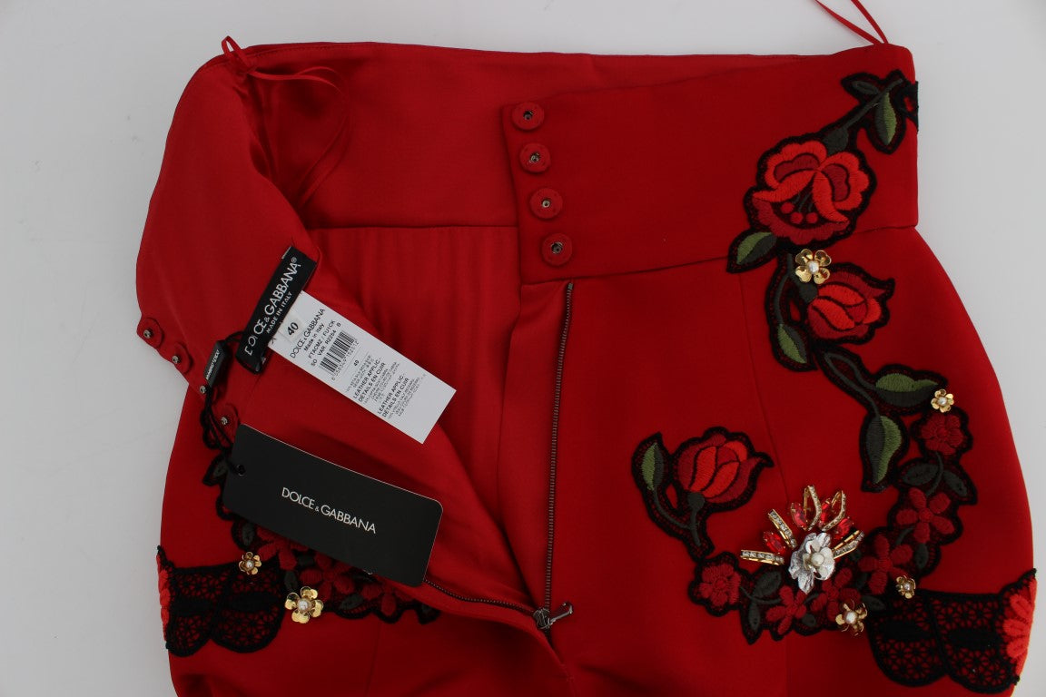 Dolce & Gabbana Red Silk Crystal Roses Shorts