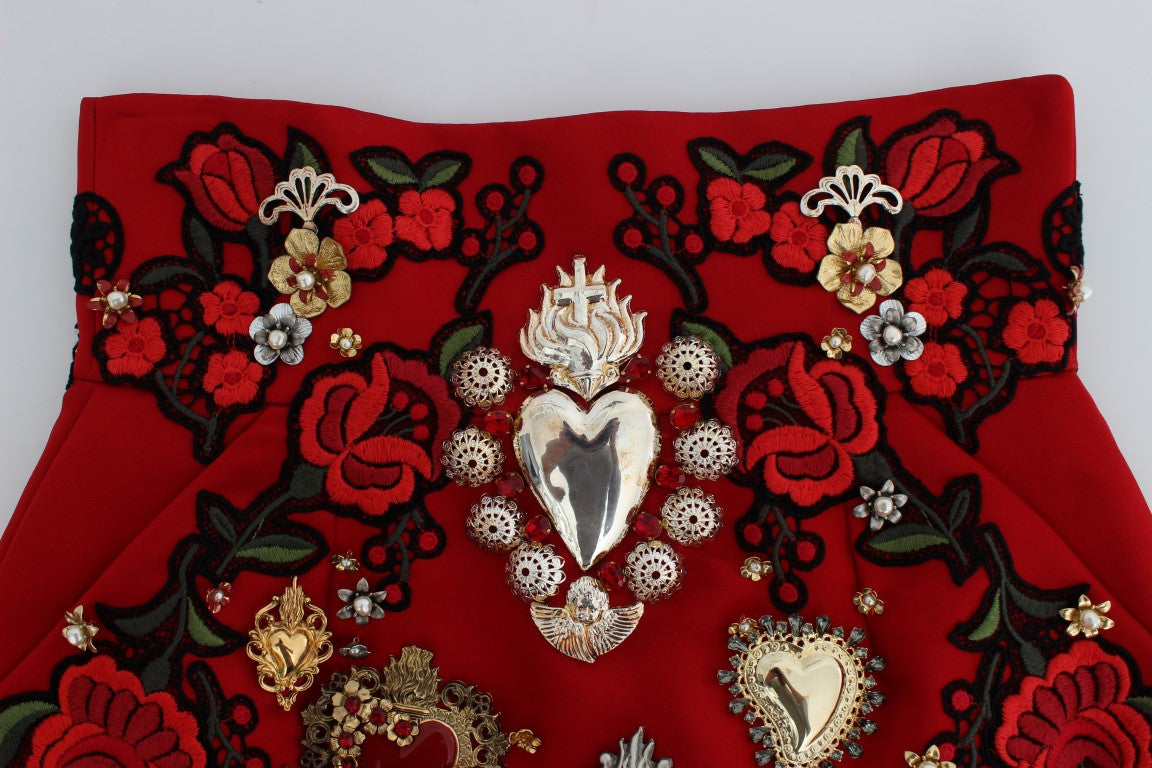 Dolce & Gabbana Red Silk Crystal Roses Shorts