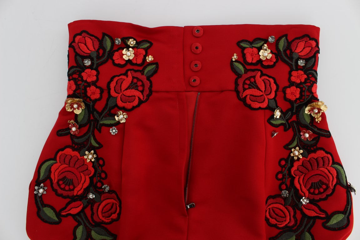 Dolce & Gabbana Red Silk Crystal Roses Shorts