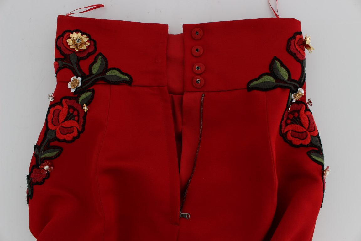 Dolce & Gabbana Red Silk Crystal Roses Shorts