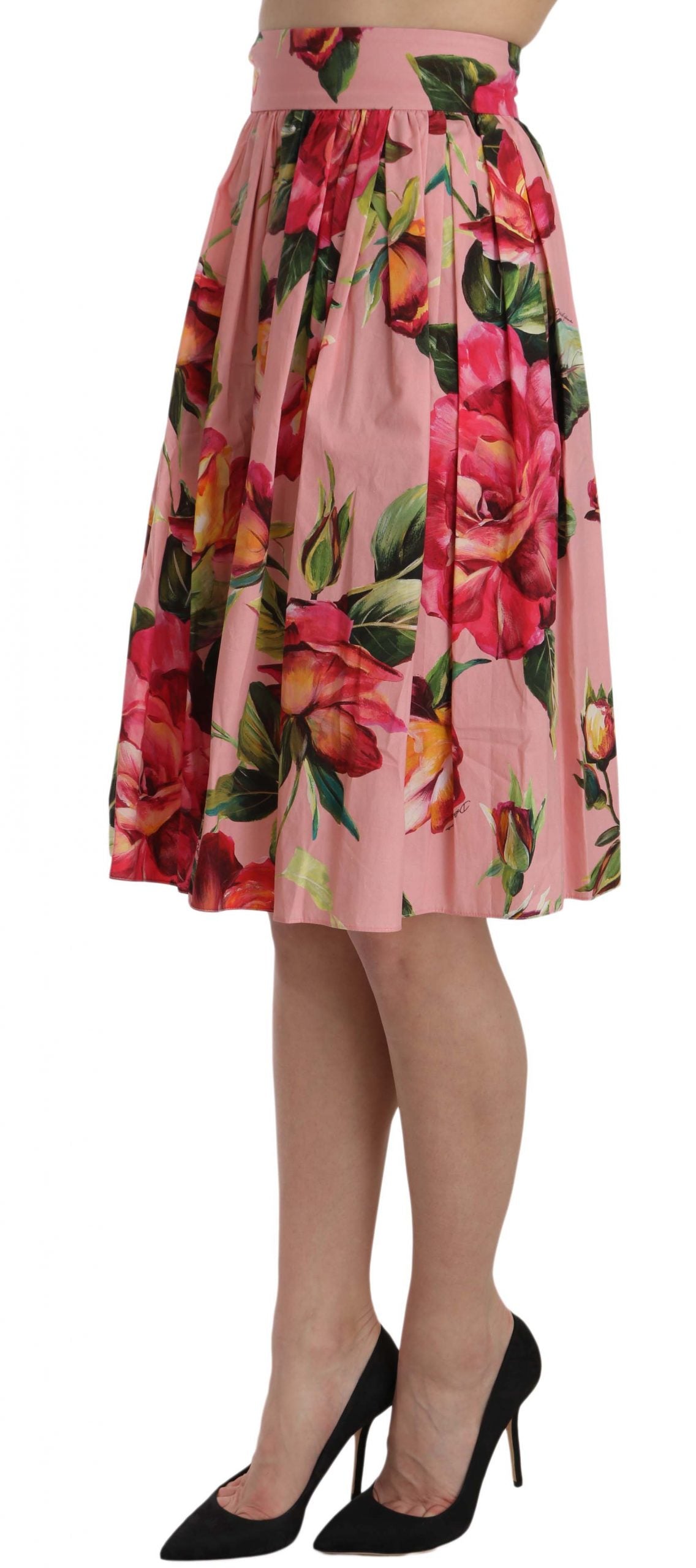 Dolce & Gabbana Pink Rose Print Flare Cotton Skirt