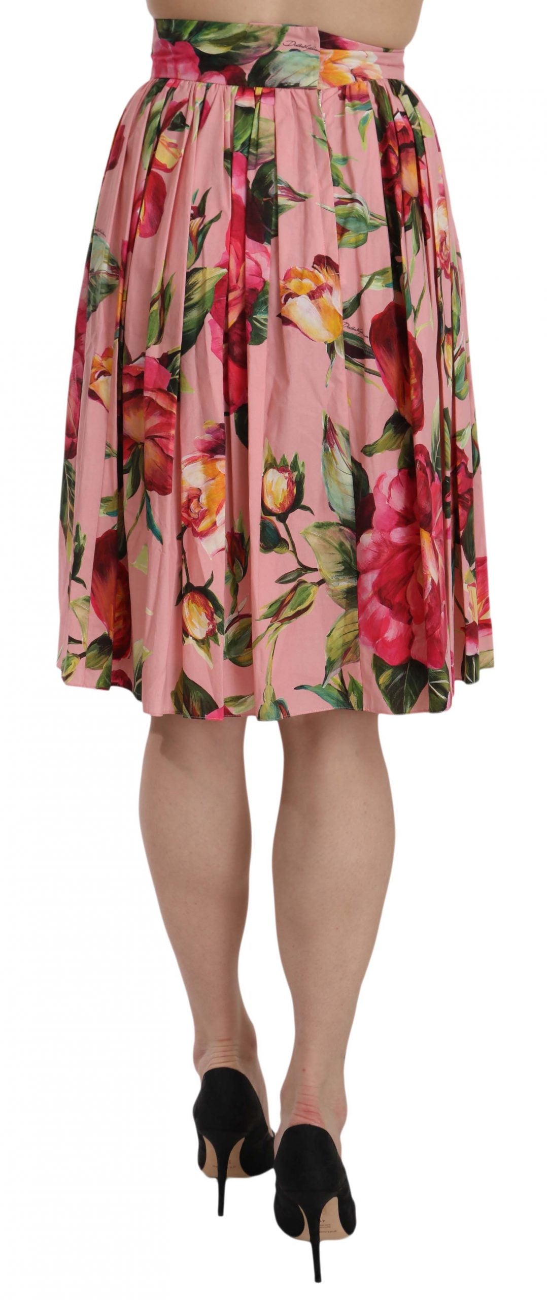 Dolce & Gabbana Pink Rose Print Flare Cotton Skirt