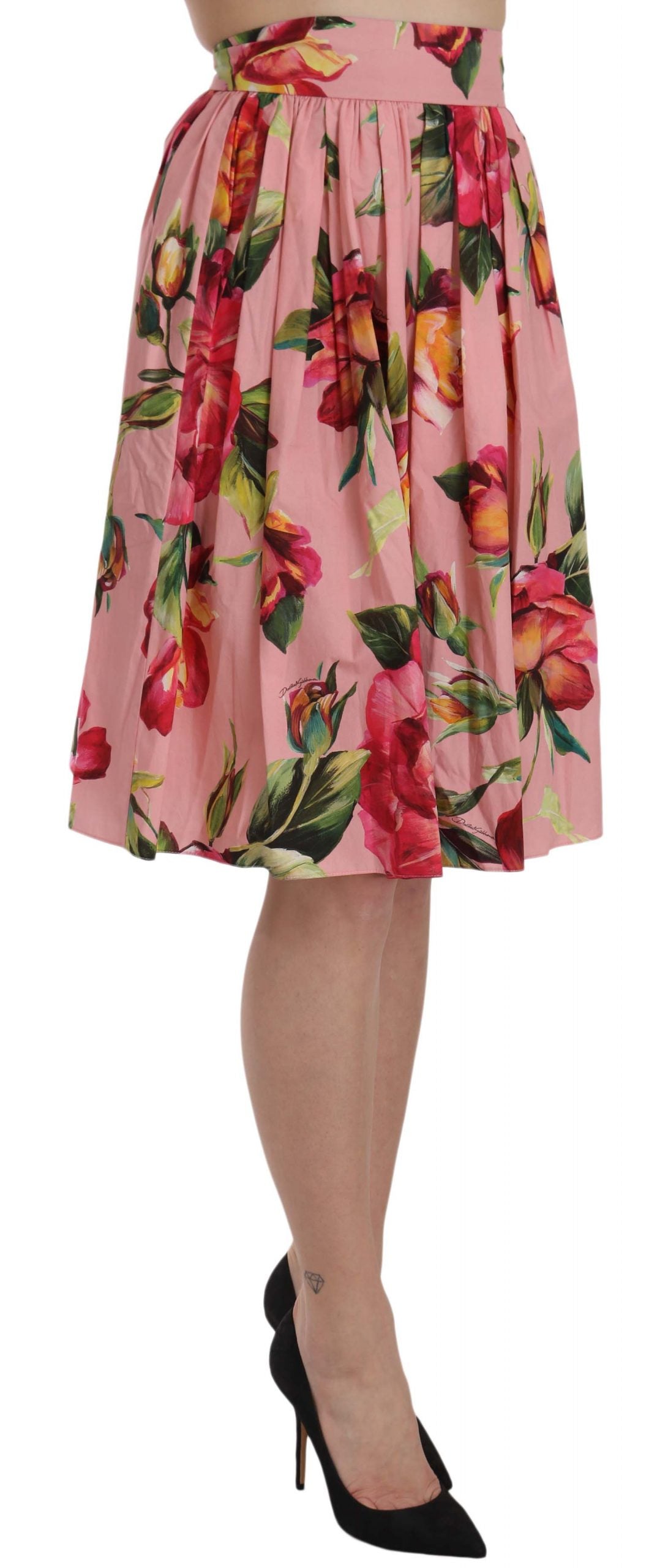 Dolce & Gabbana Pink Rose Print Flare Cotton Skirt