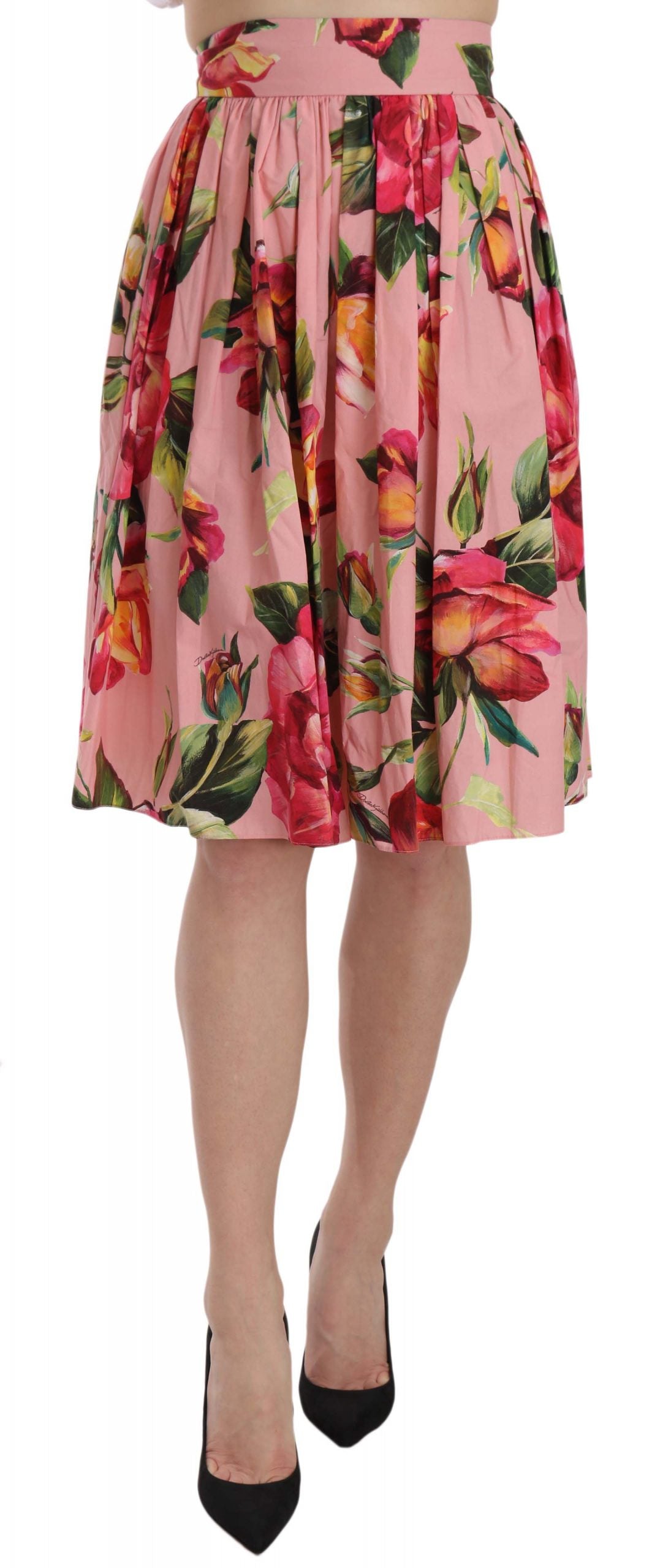 Dolce & Gabbana Pink Rose Print Flare Cotton Skirt