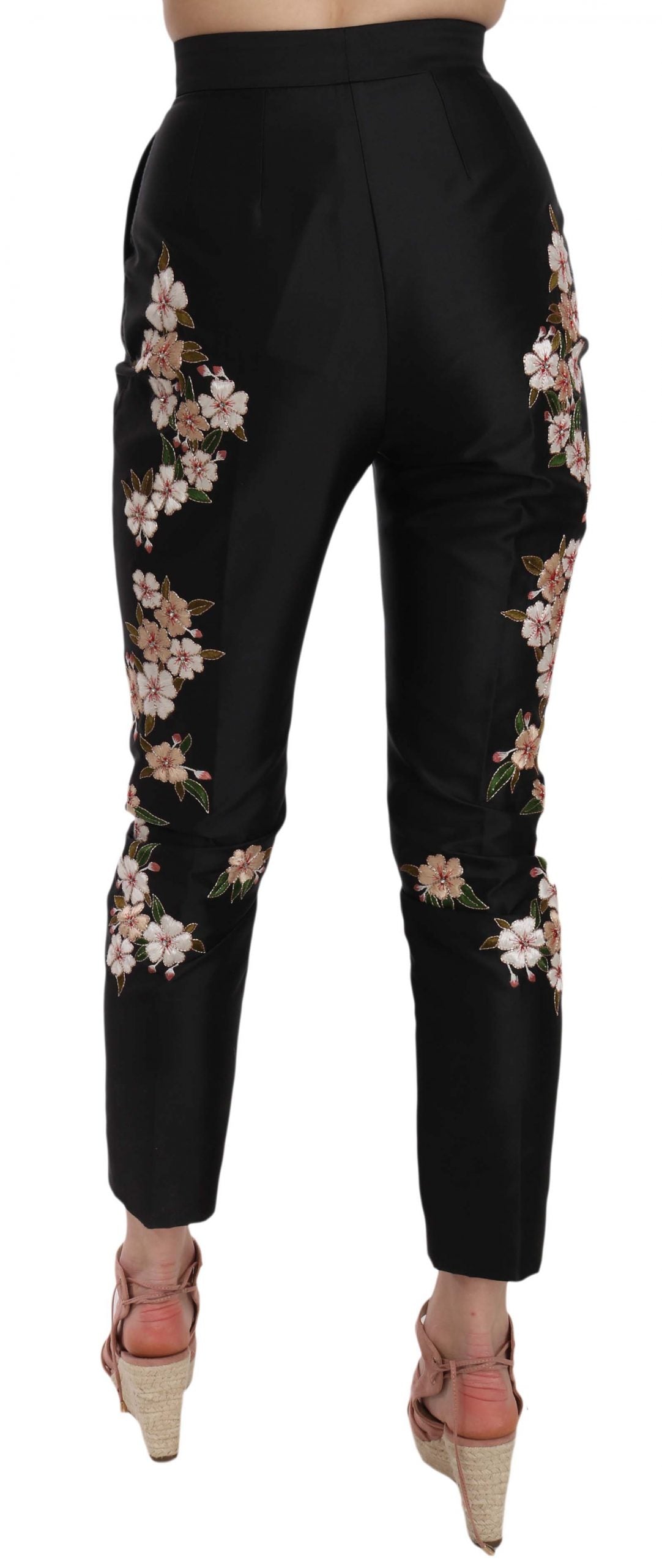 Dolce & Gabbana Black Silk Floral Embroidered Trousers Slim Pants